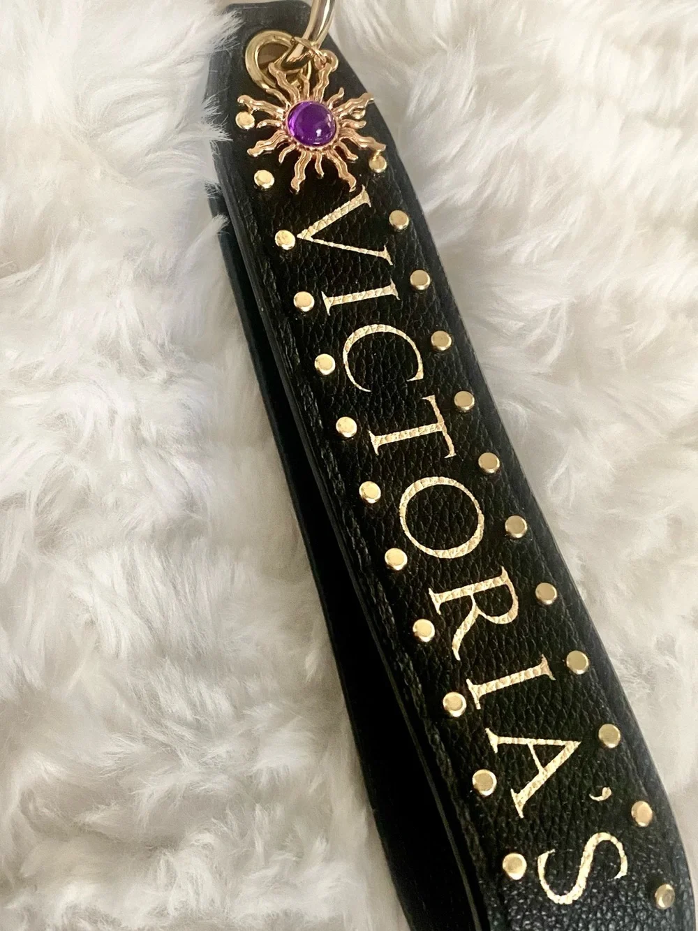 Victoria's Secret Black and Gold Logo Wristlet with Purple Charm